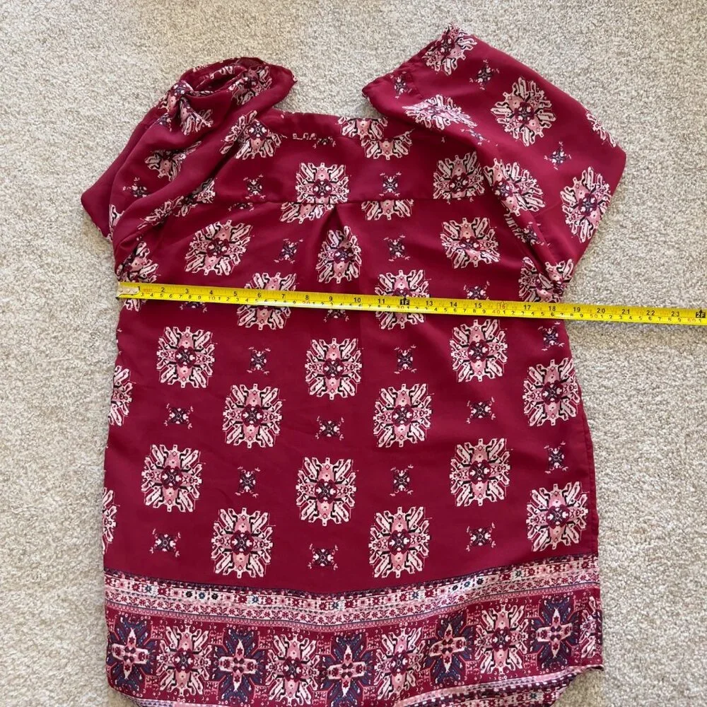 Maroon Abstract Boho Office Work Asymmetrical Top - Picture 6 of 6